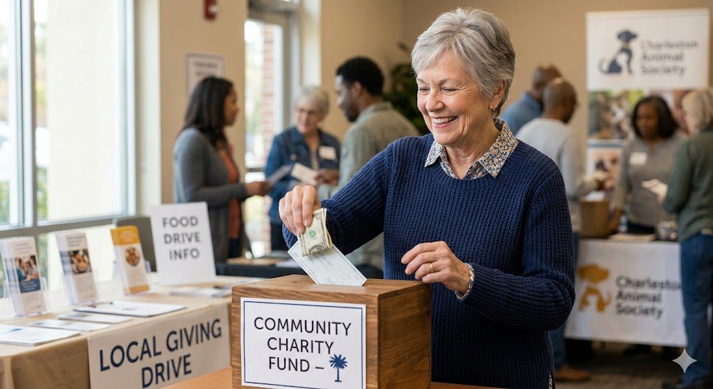 QCD Donation Runey & Associates Wealth Management Lady putting donation in box.